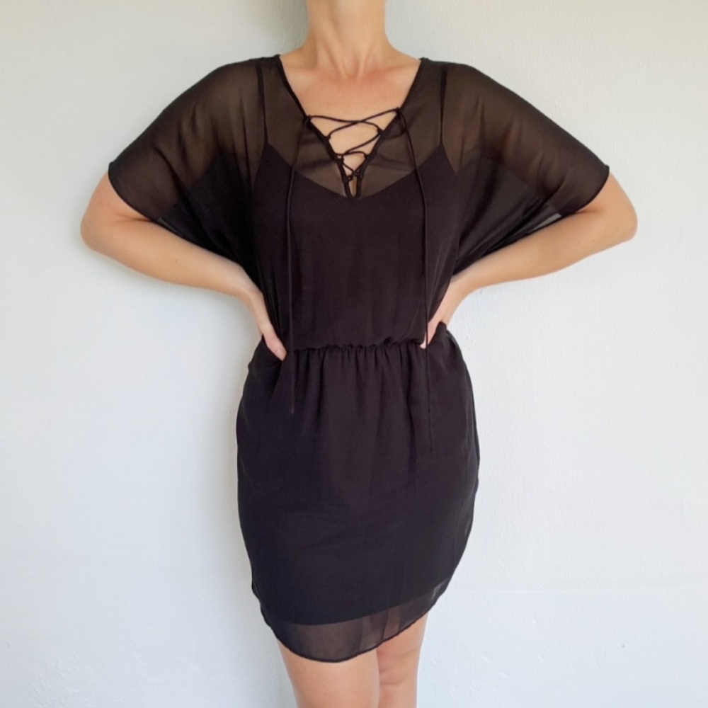 Express black sheer layered lace up ruffle trim cape style dress size medium